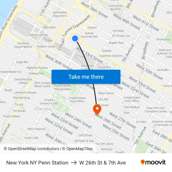 New York NY Penn Station to W 26th St & 7th Ave map