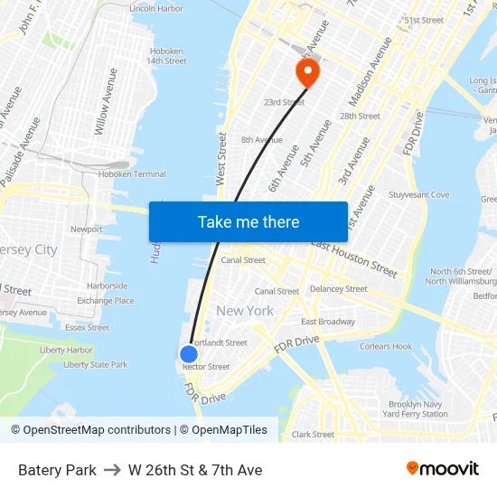 Batery Park to W 26th St & 7th Ave map