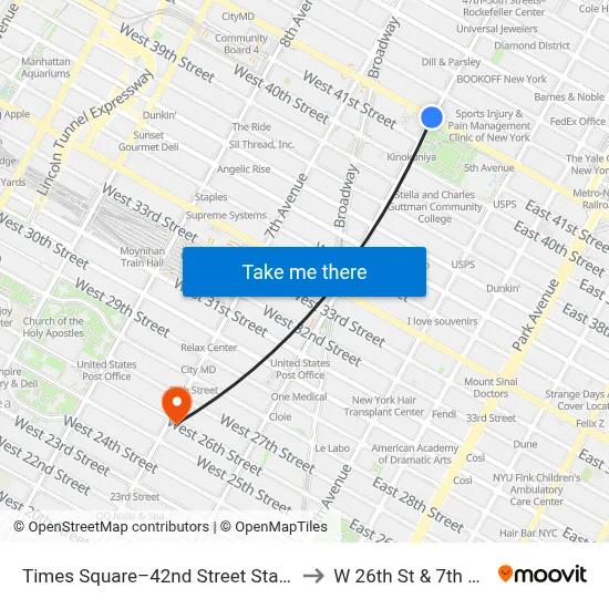 Times Square–42nd Street Station to W 26th St & 7th Ave map