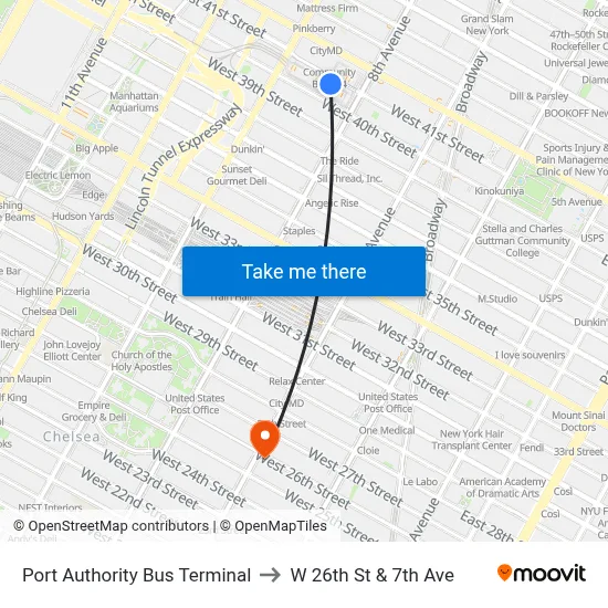 Port Authority Bus Terminal to W 26th St & 7th Ave map