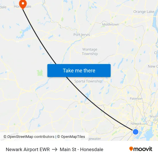 Newark Airport EWR to Main St - Honesdale map