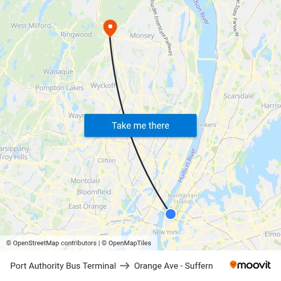 Port Authority Bus Terminal to Orange Ave - Suffern map