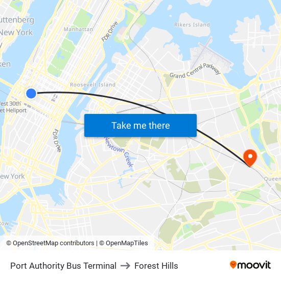 Port Authority Bus Terminal to Forest Hills map