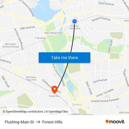 Flushing-Main St to Forest Hills map