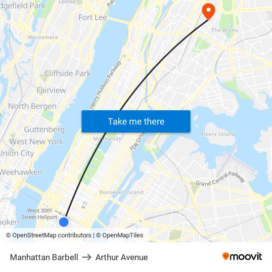Manhattan Barbell to Arthur Avenue map