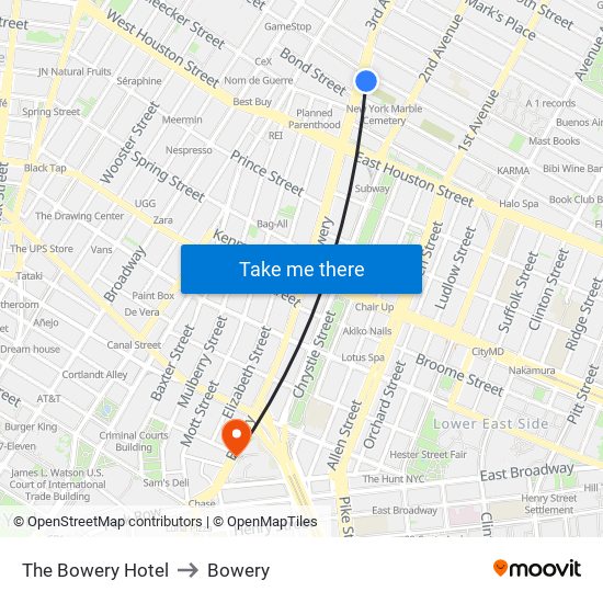 The Bowery Hotel to Bowery map