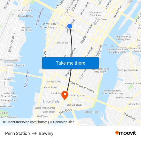 Penn Station to Bowery map