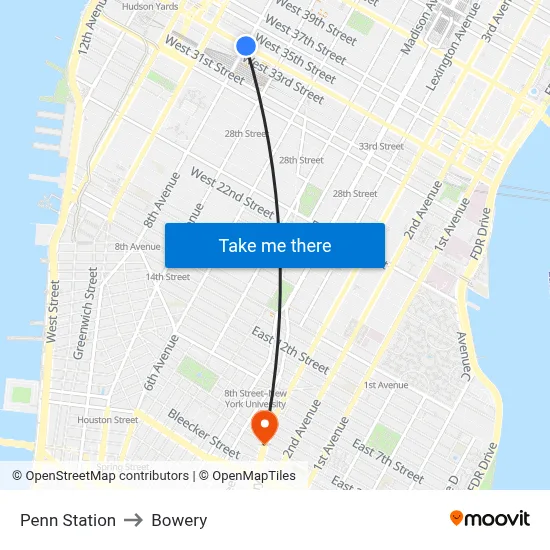 Penn Station to Bowery map