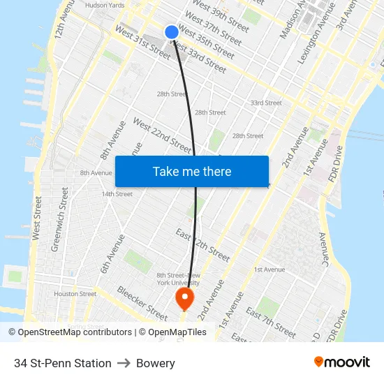 34 St-Penn Station to Bowery map