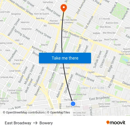 East Broadway to Bowery map
