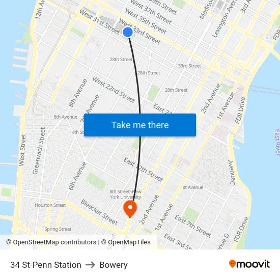 34 St-Penn Station to Bowery map