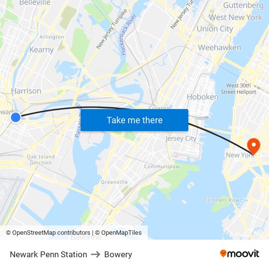 Newark Penn Station to Bowery map