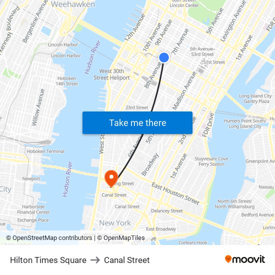 Hilton Times Square to Canal Street map