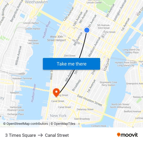 3 Times Square to Canal Street map