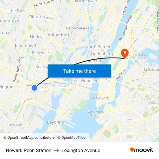 Newark Penn Station to Lexington Avenue map