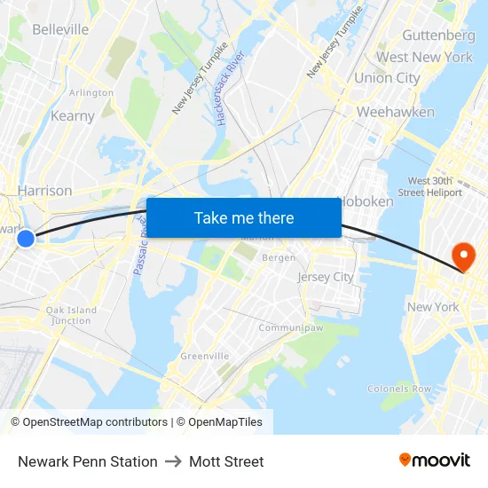 Newark Penn Station to Mott Street map
