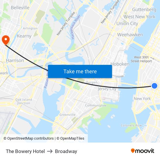 The Bowery Hotel to Broadway map
