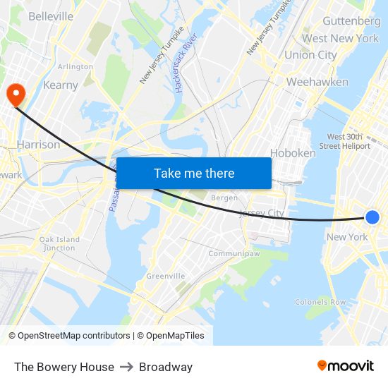 The Bowery House to Broadway map