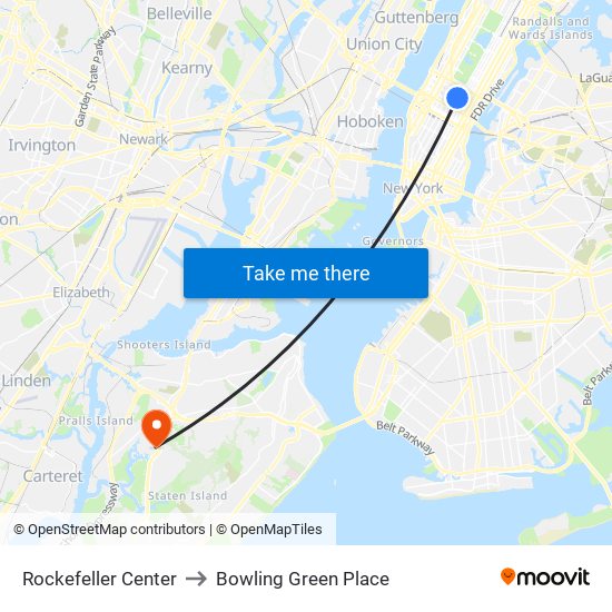 Rockefeller Center to Bowling Green Place map