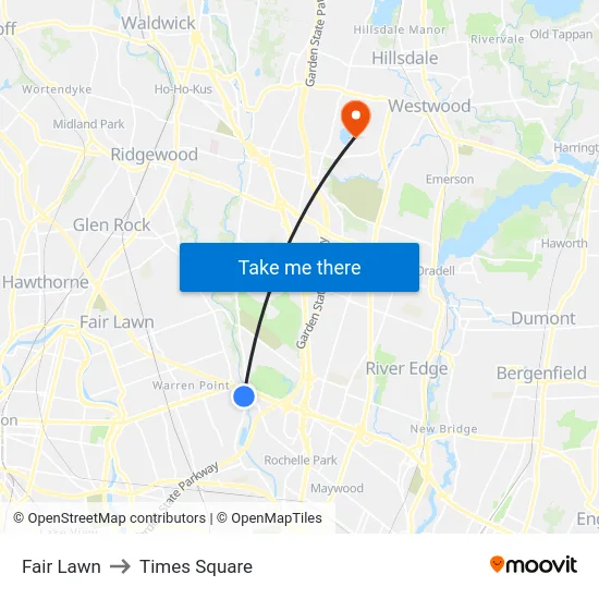 Fair Lawn to Times Square map
