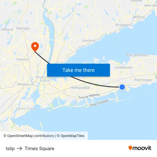 Islip to Times Square map