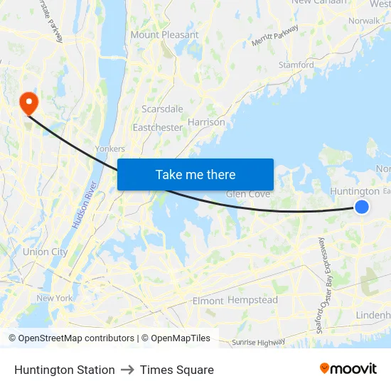 Huntington Station to Times Square map