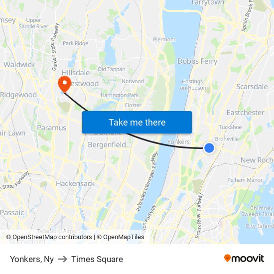 Yonkers, Ny to Times Square map