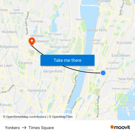 Yonkers to Times Square map
