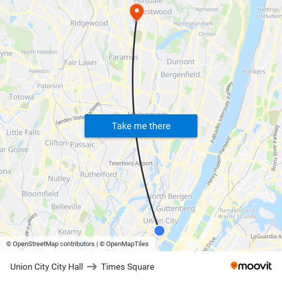 Union City City Hall to Times Square map