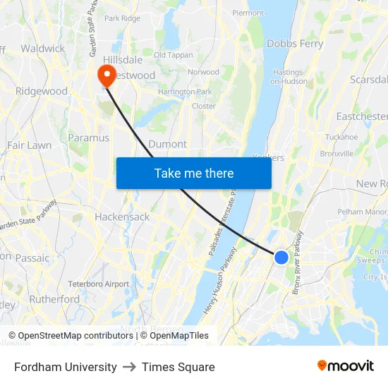 Fordham University to Times Square map