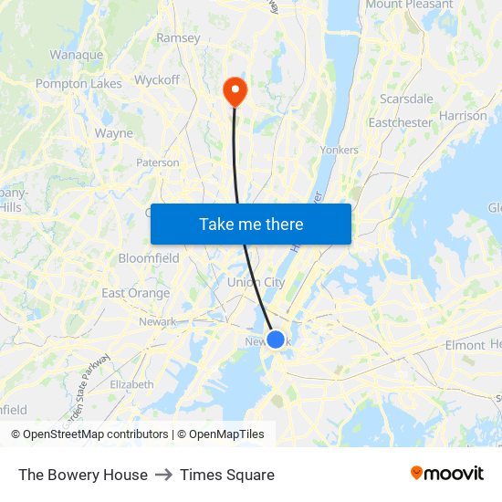 The Bowery House to Times Square map