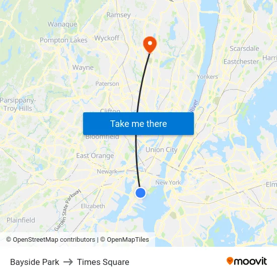 Bayside Park to Times Square map