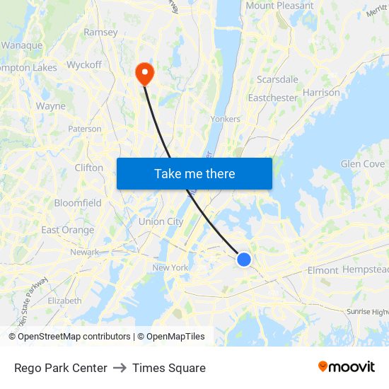 Rego Park Center to Times Square map