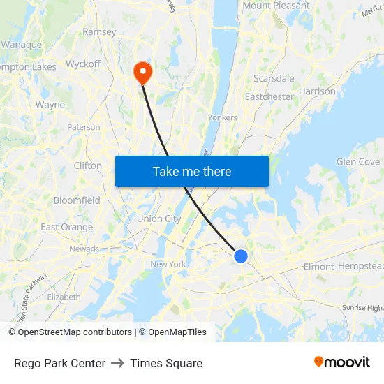 Rego Park Center to Times Square map