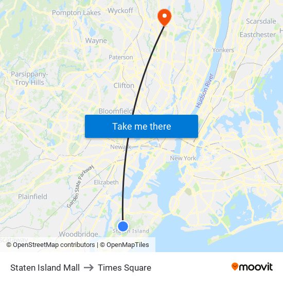 Staten Island Mall to Times Square map