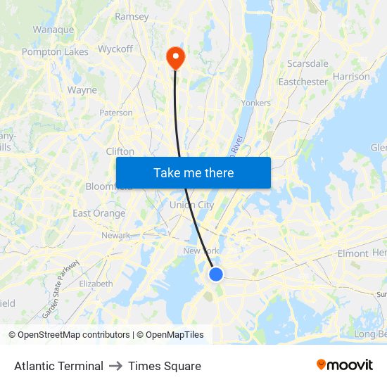 Atlantic Terminal to Times Square map