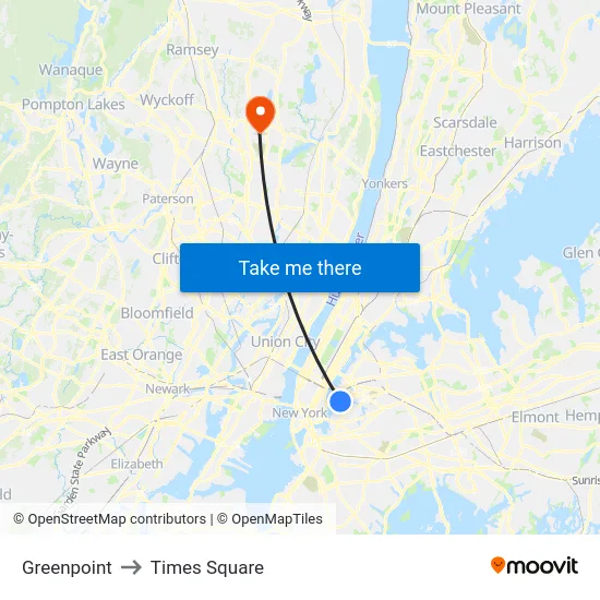 Greenpoint to Times Square map