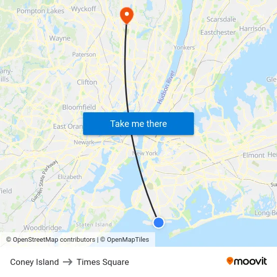 Coney Island to Times Square map