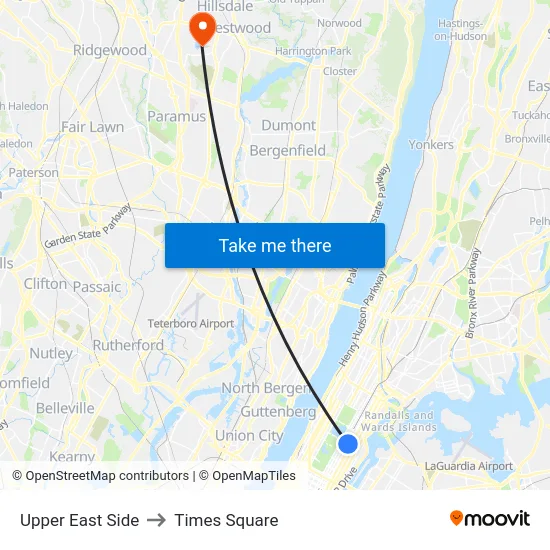 Upper East Side to Times Square map