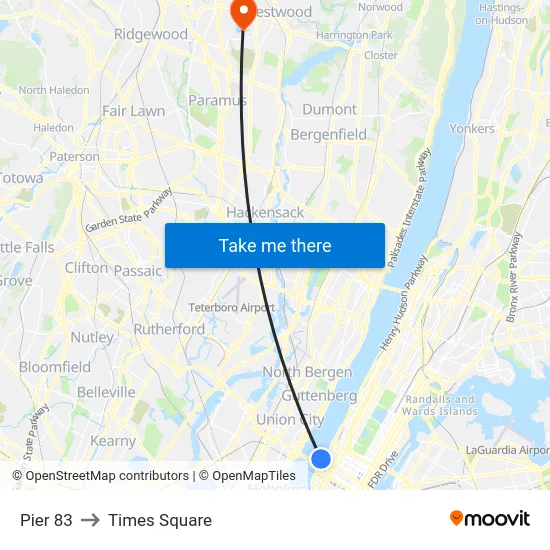 Pier 83 to Times Square map