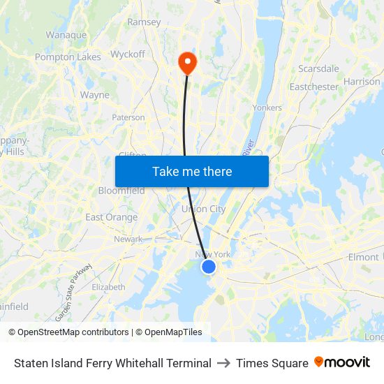 Staten Island Ferry Whitehall Terminal to Times Square map