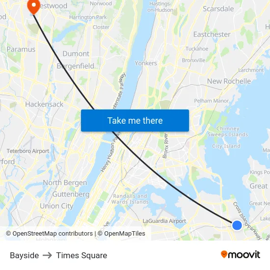 Bayside to Times Square map