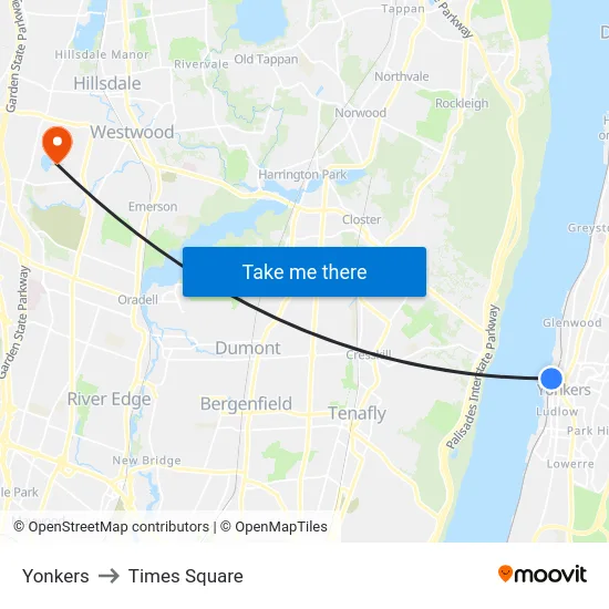 Yonkers to Times Square map