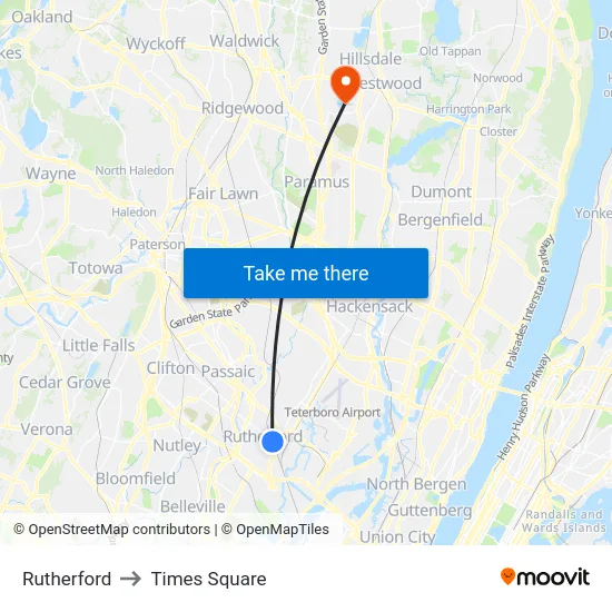 Rutherford to Times Square map