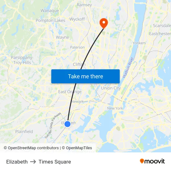 Elizabeth to Times Square map