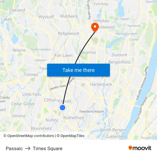 Passaic to Times Square map