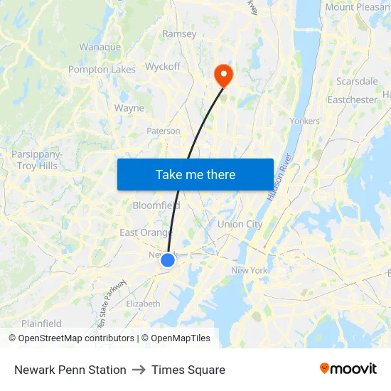 Newark Penn Station to Times Square map