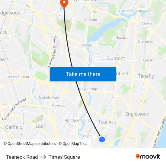 Teaneck Road to Times Square map