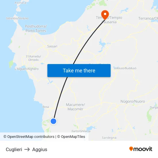 Cuglieri to Aggius map