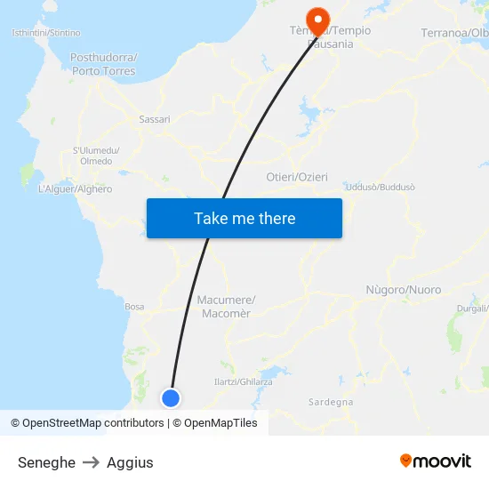 Seneghe to Aggius map